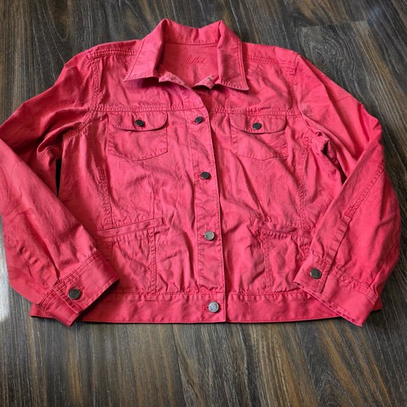 J. Jill Jackets & Blazers - J. Jill Coral Pink Jacquard Leaf Cotton Trucker Jacket Womens Large L Button Up